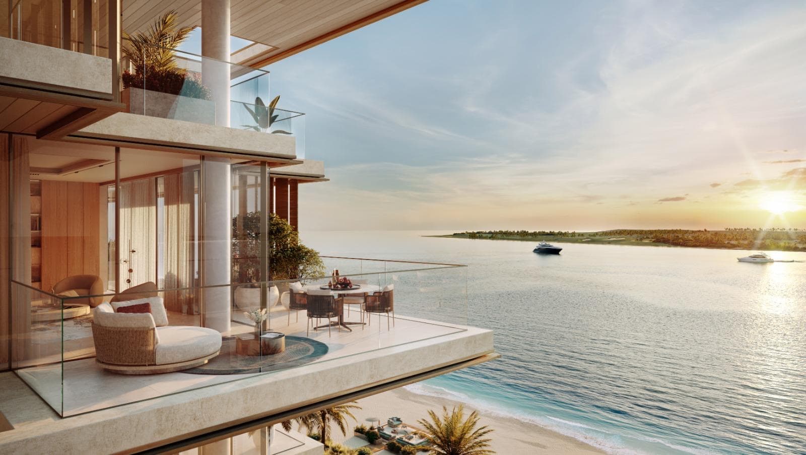 Balkon mit Meerblick bei Sonnenuntergang